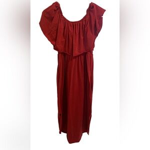 Flowy Red Off-the-Shoulder Maxi Dress - Boho Chic- S